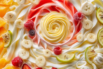 Poster - close-up of a creamy dessert topped with banana slices, lemon wedges, raspberries, and red icing swi