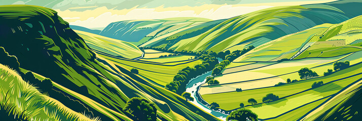 Wall Mural - a vibrant and detailed illustration of the breathtaking Whiteleas valley in an angled view, generative AI