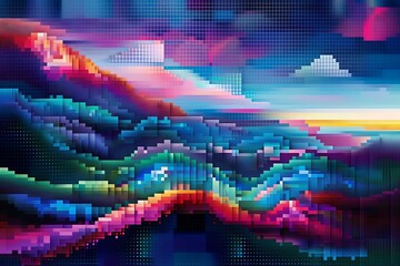 Wall Mural - A digital canvas icon with a mosaic of vibrant pixels forming an abstract landscape