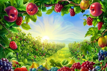 Aufkleber - A vibrant illustration of a lush orchard with a variety of fruits like apples, pears, and berries, all bathed in the golden light of the setting sun. Generative AI