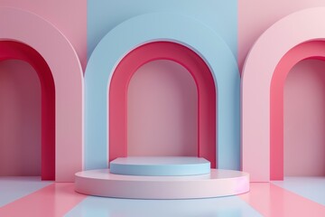 Wall Mural - 3D rendering of a minimal pink and blue podium or platform for product display.  Empty pedestal, stage or platform with arch shape background. Concept of cosmetic, beauty product presentation