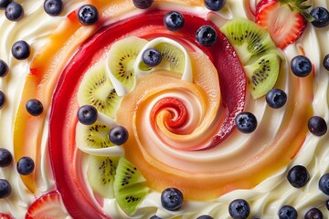 Aufkleber - A close-up shot of a creamy dessert topped with sliced kiwi, peach, and strawberry. Generative AI