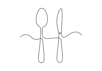 Wall Mural - Spoon fork and knife continuous one line drawing vector illustration
