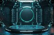 © chesleatsz - Futuristic Sci-Fi Spaceship Interior with Empty Platform, Glowing Lights, and Central Portal. Perfect for product placement, game backgrounds, or technology concepts.