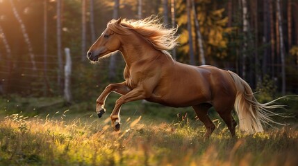 Wall Mural - Golden Horse Running Through a Sunlit Meadow