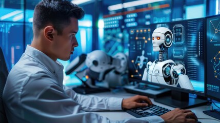 Poster - engineer works with ai robot assistant at computer, coding and collaborating in a futuristic office.