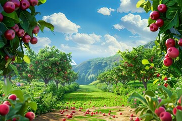 Poster - A picturesque apple orchard nestled among rolling hills on a bright, sunny day. The trees are laden with ripe, red apples and the ground is scattered with fallen fruit. Generative AI