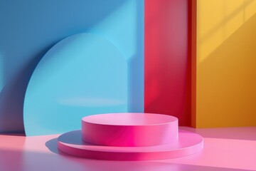 Wall Mural - Vibrant 3D Rendering of a Pink Platform with Colorful Backdrop for Product Display