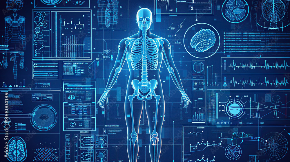 A digital blue background with an overlay of human anatomy and medical ...