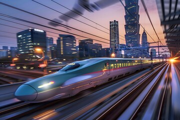 Wall Mural - A high-speed bullet train slicing through a futuristic cityscape at dusk, lights blurring past