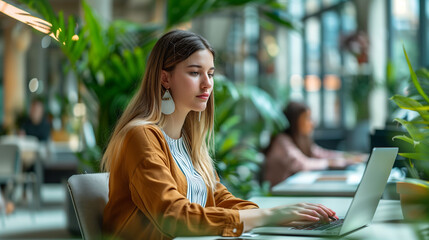 Young women in business casual attire working on laptops in an open-plan office