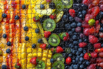 Aufkleber - A close-up view of a colorful fruit puzzle, with pieces of mango, kiwi, strawberries, blueberries, and other fruits. Generative AI