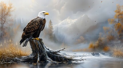 Wall Mural - A bald eagle perched on a tree stump, with a river flowing nearby. List of Art Media Minimalist realistic