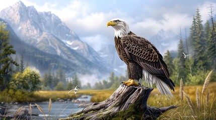 Wall Mural - A bald eagle perched on a tree stump, with a river flowing nearby. List of Art Media Minimalist realistic