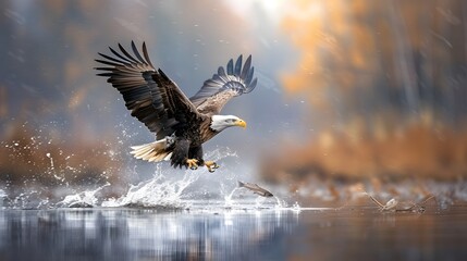 Wall Mural - A bald eagle catching a fish from a river, the water splashing around. List of Art Media Minimalist realistic