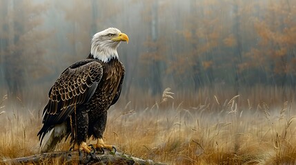 Wall Mural - A bald eagle standing on the ground, with a forest in the background. List of Art Media Minimalist realistic