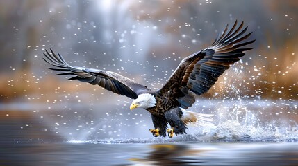 Wall Mural - A bald eagle diving towards the water, talons outstretched, ready to catch its prey. List of Art Media Minimalist realistic