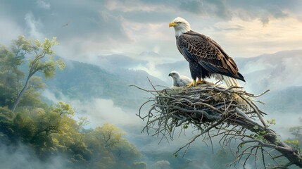 A bald eagle nesting high in a tree, with its young visible in the nest. List of Art Media Minimalist realistic