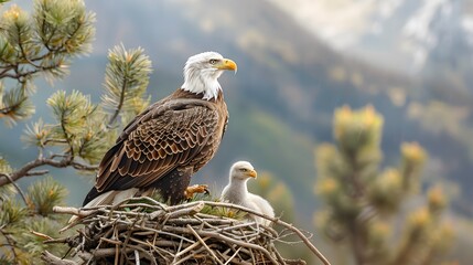 Wall Mural - A bald eagle nesting high in a tree, with its young visible in the nest. List of Art Media Minimalist realistic