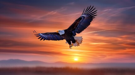 Wall Mural - Silhouette of a bald eagle flying during sunset, the sky ablaze with colors. List of Art Media Minimalist realistic