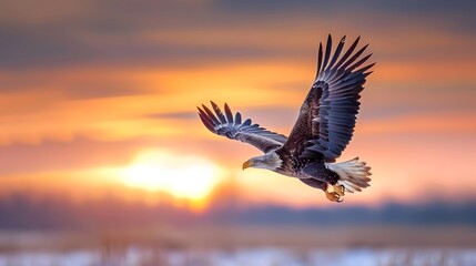 Wall Mural - Silhouette of a bald eagle flying during sunset, the sky ablaze with colors. List of Art Media Minimalist realistic