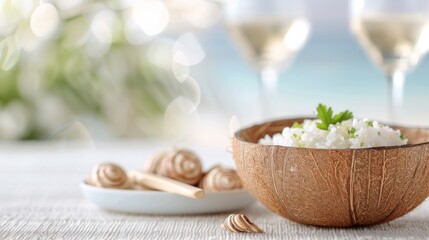 Fresh cottage cheese in a coconut shell bowl served with breadsticks, ideal summer snack with wine glasses on a serene background.