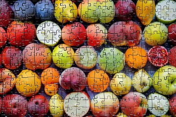 Poster - A close-up image of a variety of colorful fruit arranged in a grid pattern, each piece resembling a puzzle piece. Generative AI
