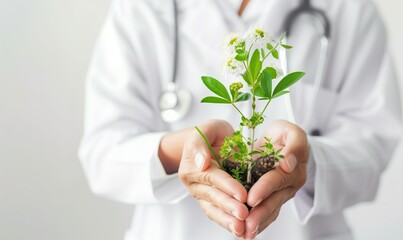 Doctor holding a small plant in hands with care