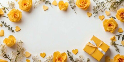 Sticker - yellow heartshaped gift box with ribbon and flowers on background