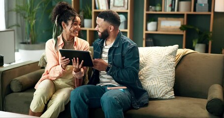 Poster - Happy, couple and tablet on couch in home, people and man smile with woman showing ecommerce post. Living room, relationship and bonding or relax online shopping, communication and together for meme
