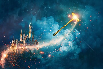 Wall Mural - A magic wand tool icon with a trail of stardust leading to a fantasy castle