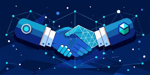 Poster - A blue and white image of two hands shaking with a cube in the background