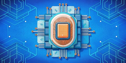 Poster - A blue and orange computer chip with a blue background