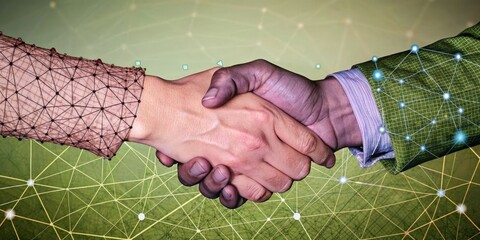 Poster - Two people shaking hands in front of a green background with a lot of lines
