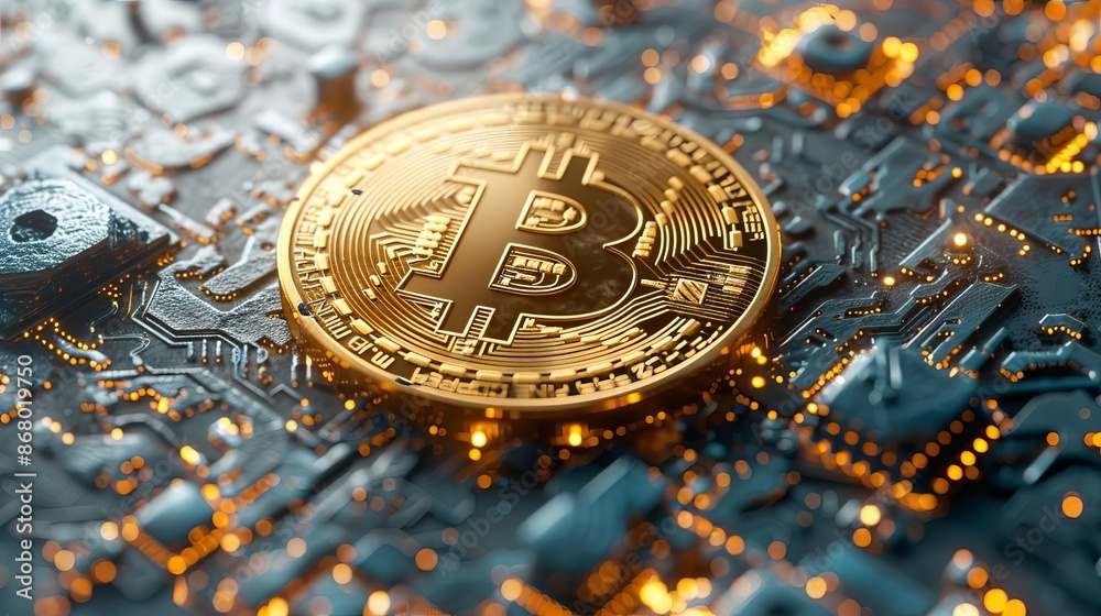 Crypto and BTC bitcoin blockchain technology, hightech, vibrant colors, digital rendering