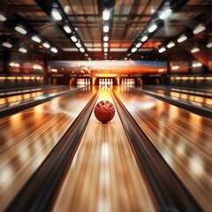 Bowling ball hitting pins, polished lanes, bright overhead lights, close-up, motion blur and impact