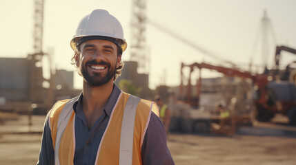 A millennial male civil engineer on a project site, posing with the background, looking at the camera and smiling confidently