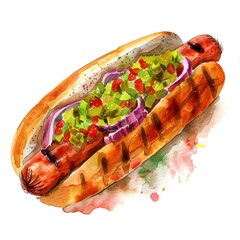 Close-up of a tasty grilled hot dog with relish and onions, isolated on white background , watercolor style,