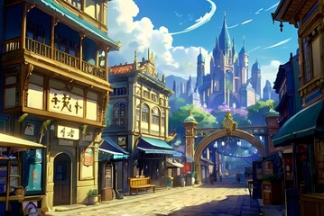 Wall Mural - ゲーム背景　ファンタジーゲーム石畳の道がある街の入り口	