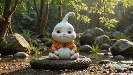 Sticker - Cute Cartoon Bunny Sitting on Rock by Stream in Forest