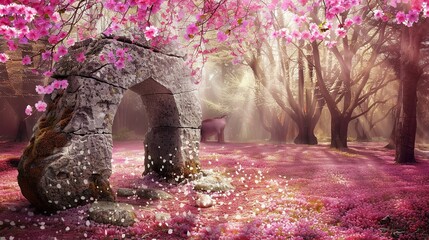 Poster - Stone Archway in a Magical Spring Forest