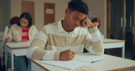 Aufkleber - High school, depression and tired boy in classroom with test anxiety, fatigue or overthinking assessment questions. Education, learning and student frustrated by exam stress, project and burnout