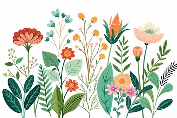 Wall Mural - delicate, white, background, flowers, Delicate hand-drawn illustrations of various plants and flowers on crisp white background, creating beautiful collection.