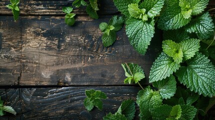 Wall Mural - Lemon balm leaves on rustic table with copy space herbal remedy for sleep and relaxation natural beauty treatment concept