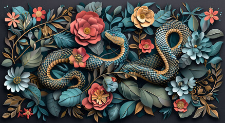 Wooden snake art illustration for 2025 zodiac event with flowers, featuring festive oriental design, symbolizing prosperity and traditional Chinese New Year celebration.