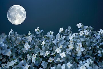 Wall Mural - A serene border of white jasmine and silver eucalyptus under a full moon