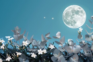 Wall Mural - A serene border of white jasmine and silver eucalyptus under a full moon