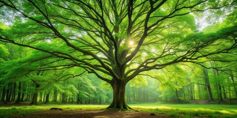 Wall Mural - Tall green tree in a lush forest setting, nature, foliage, green, environment, growth, forest, woods, trunk, branches