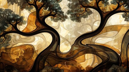 Poster - abstract forest, with intertwining tree shapes and earthy tones blending into a harmonious whole.