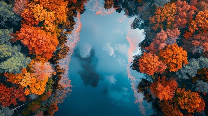 Imagine an aerial perspective of a serene lake surrounded by autumn foliage, reflecting the vibrant colors in the water. --ar 16:9 Job ID: 4c1c66a3-005b-40d2-a5b6-6798a69b07ee